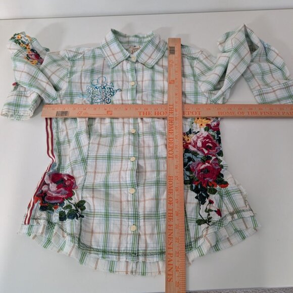 J3 Workshop Johnny Was Fairy Tails Shirt Womens Size Medium Green Plaid Floral - Picture 13 of 15